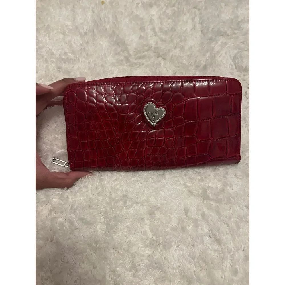 Guess Silver Hardware Red Croc Zip Around Long Wallet